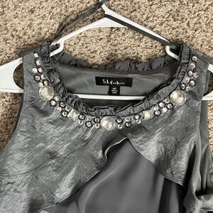 SL Fashions Metallic Gray Embellished Tiered Dress